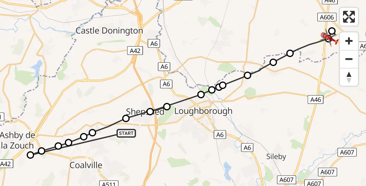 Flight path map showing Air Ambulance Helicopter route from Shepshed to Rushcliffe