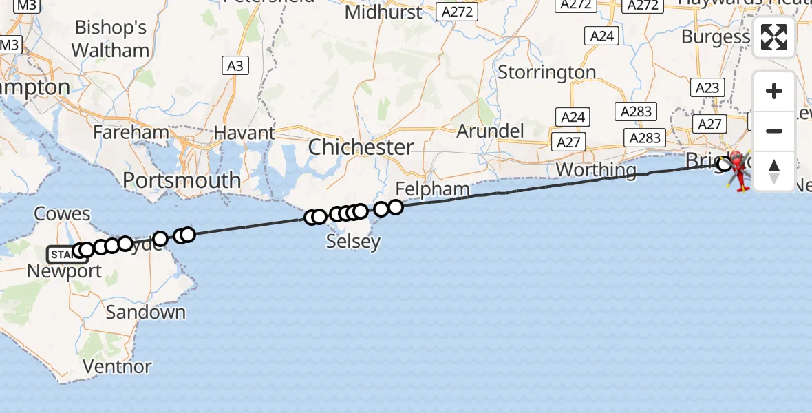Flight path map showing Air Ambulance Helicopter route from Newport to English Channel