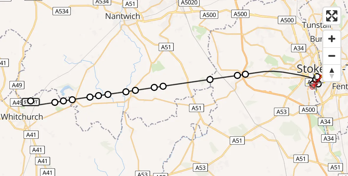 Flight path map showing Air Ambulance Helicopter route from Whitchurch to University Hospital North Staffs