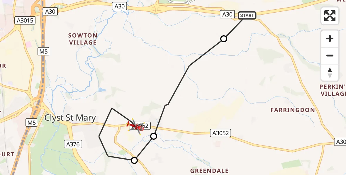 Flight path map showing Air Ambulance Helicopter route from Exeter International Airport to Clyst St Mary