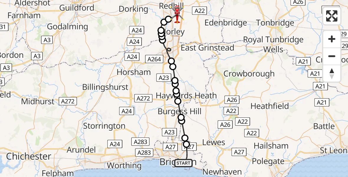 Flight path map showing Air Ambulance Helicopter route from Brighton to Redhill Aerodrome