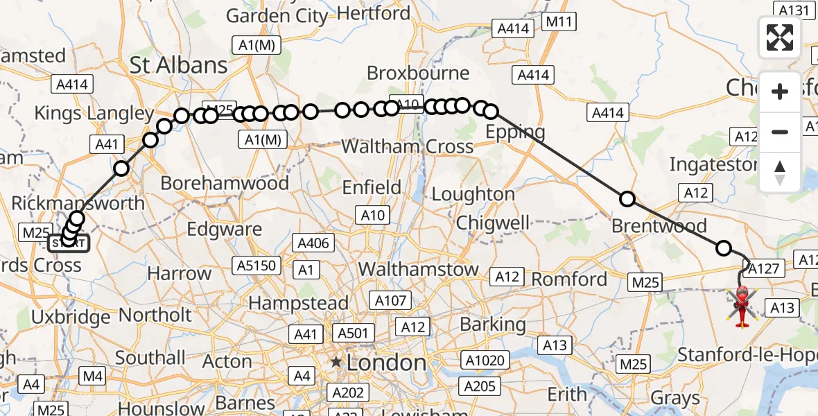 Flight path map showing Air Ambulance Helicopter route from Harefield Hospital to Basildon