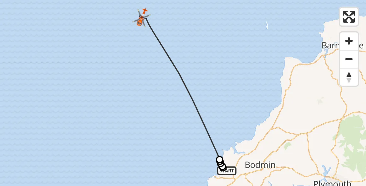 Flight path map showing Coastguard Helicopter route from Cornwall Airport Newquay to Bristol Channel