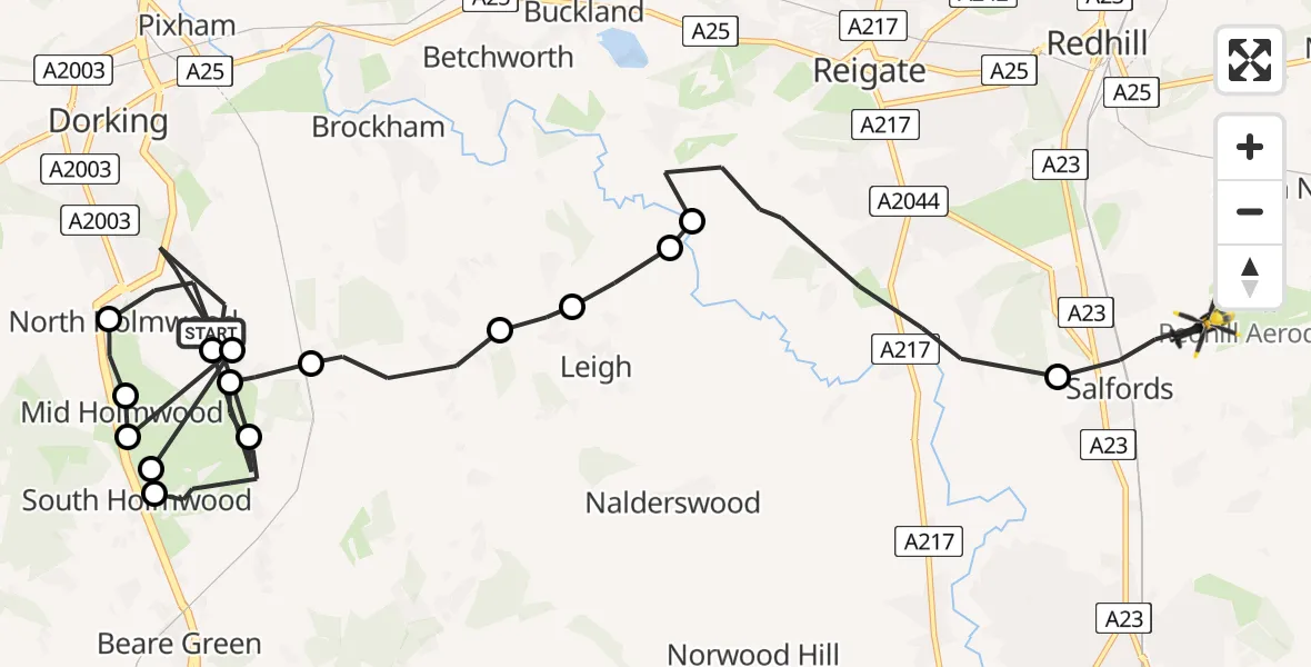 Flight path map showing Police Helicopter route from North Holmwood to Salfords