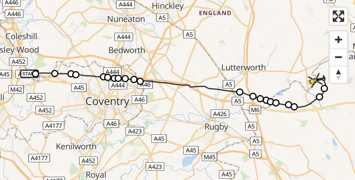 Flight path map showing Police Helicopter route from Solihull to Harborough