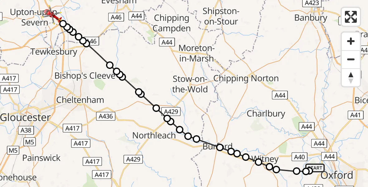 Flight route Air Ambulance Helicopter Wytham - Upper Strensham, 25 April 2026, 11:48