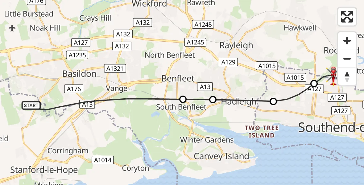 Flight path map showing Air Ambulance Helicopter route from Basildon to London Southend Airport