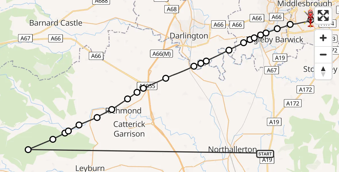 Flight route Air Ambulance Helicopter Borrowby - James Cook University Hospital, 25 April 2026, 11:51