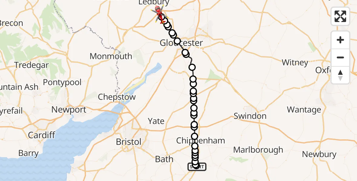 Flight path map showing Air Ambulance Helicopter route from Wiltshire Air Ambulance to Redmarley d'Abitot