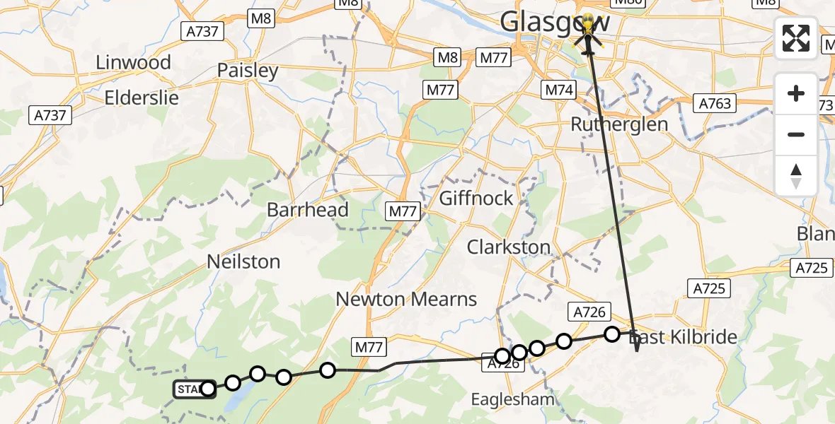 Flight path map showing Police Helicopter route from Nether Carswell to Glasgow