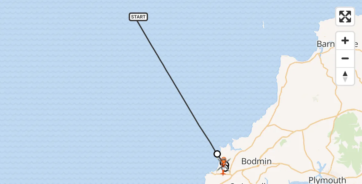 Flight path map showing Coastguard Helicopter route from Bristol Channel to Cornwall Airport Newquay