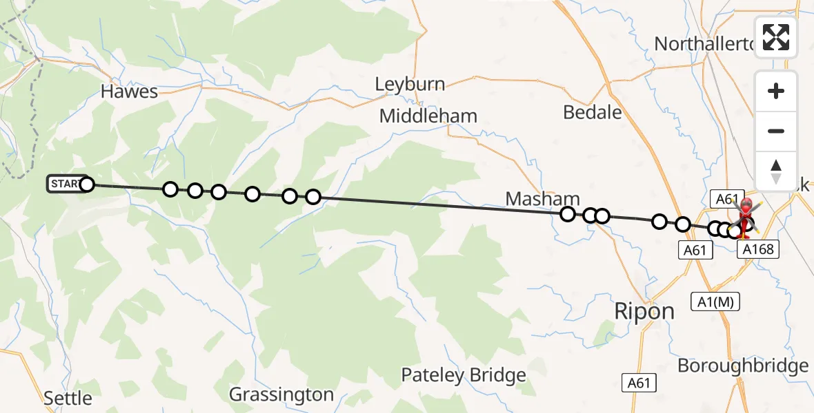 Flight path map showing Air Ambulance Helicopter route from Horton in Ribblesdale to RAF Topcliffe