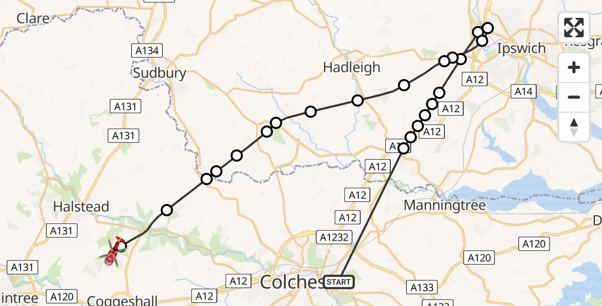 Flight path map showing Air Ambulance Helicopter route from Colchester to Earls Colne Airfield