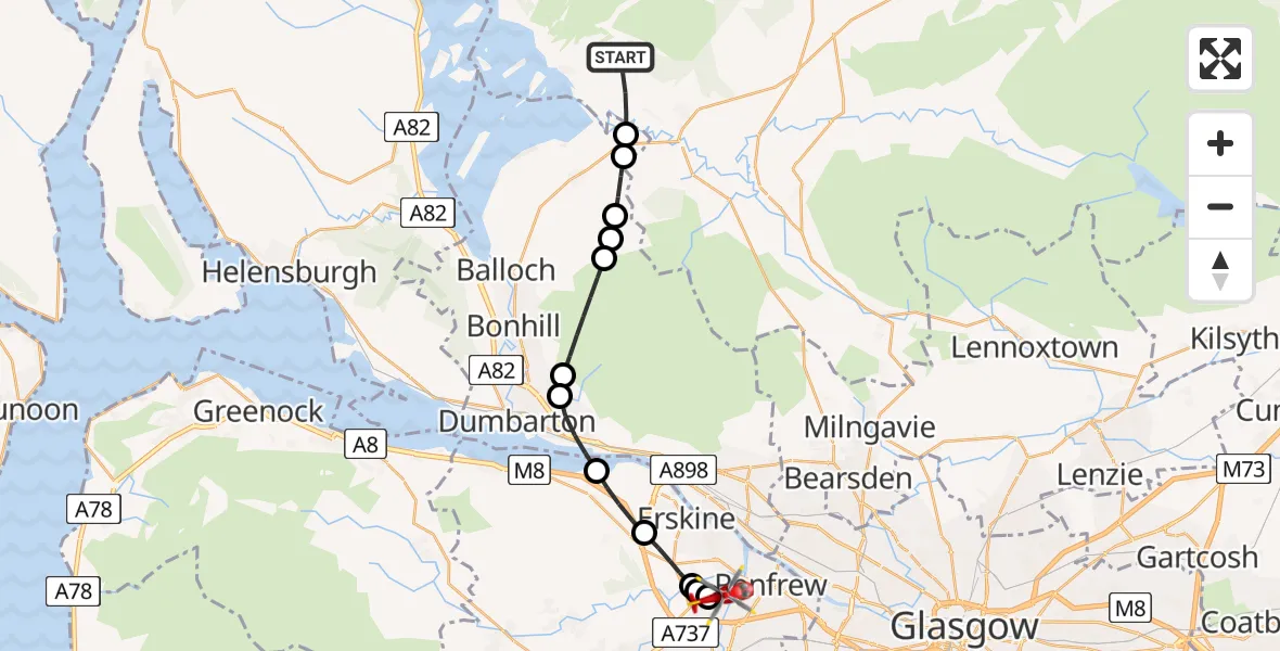 Flight path map showing Air Ambulance Helicopter route from Milton of Buchanan to Glasgow Airport