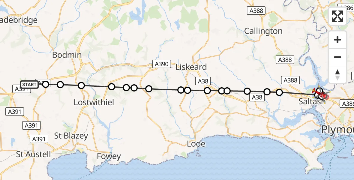 Flight path map showing Air Ambulance Helicopter route from Lanivet to Ernesettle