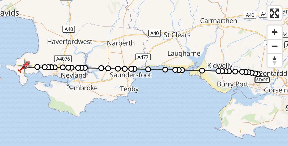 Flight path map showing Air Ambulance Helicopter route from Dafen to St Ishmael's