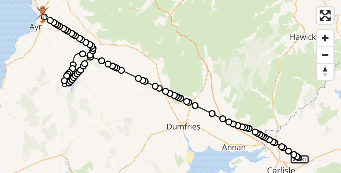 Flight path map showing Coastguard Helicopter route from Carlisle Lake District Airport to Glasgow Prestwick Airport
