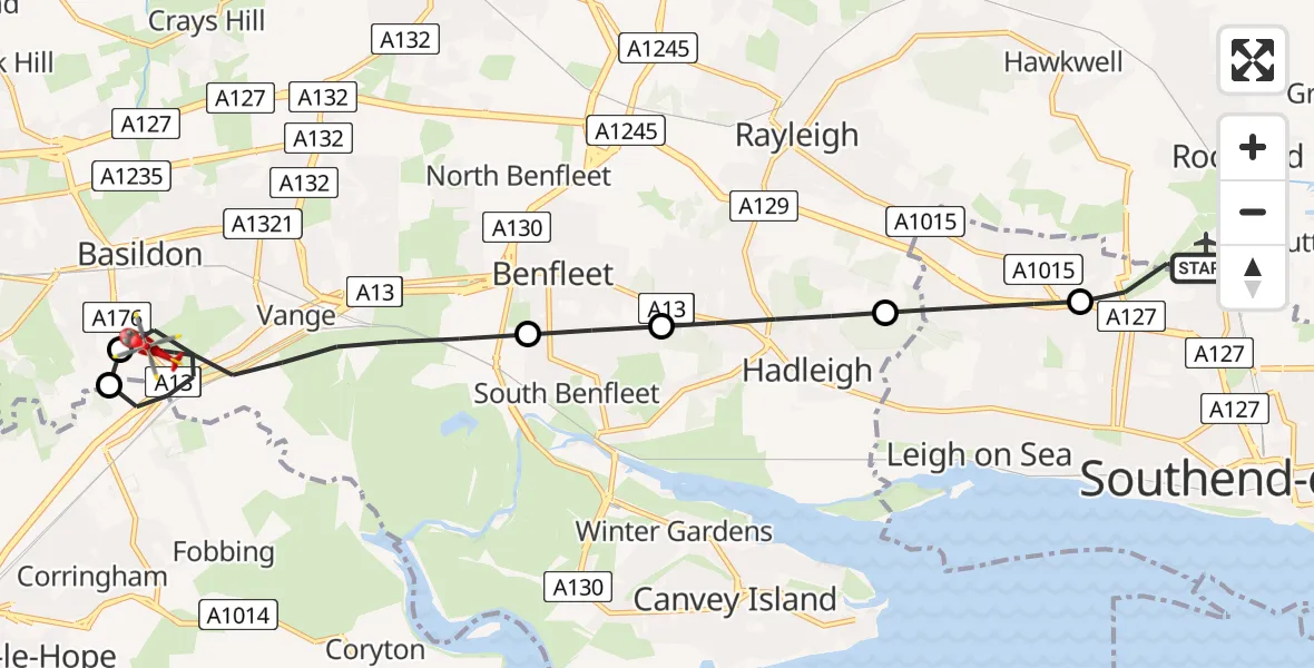 Flight path map showing Air Ambulance Helicopter route from London Southend Airport to Basildon