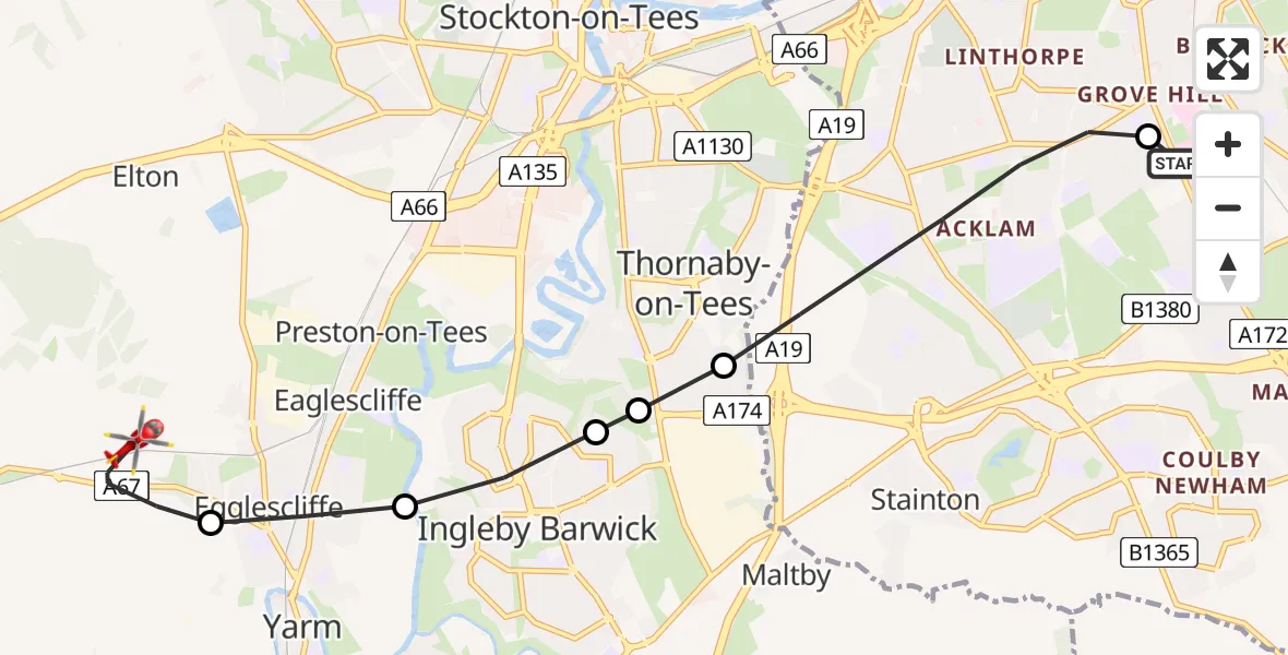 Flight path map showing Air Ambulance Helicopter route from James Cook University Hospital to Egglescliffe