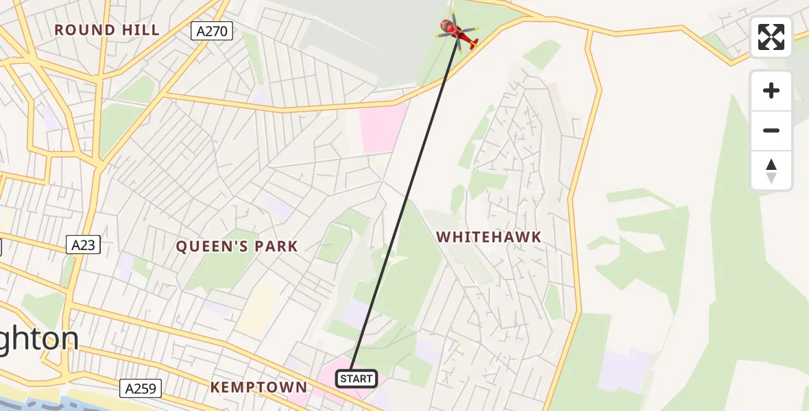 Flight path map showing Air Ambulance Helicopter route from Brighton to Brighton