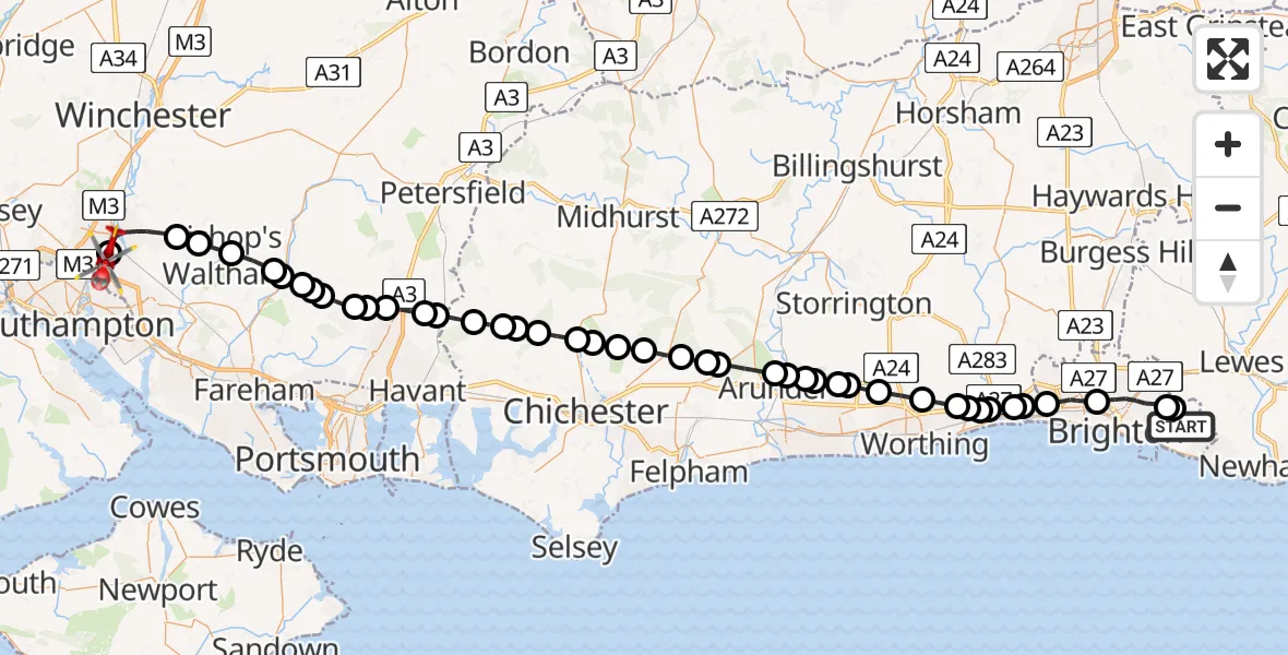 Flight path map showing Air Ambulance Helicopter route from Brighton to Southampton Airport