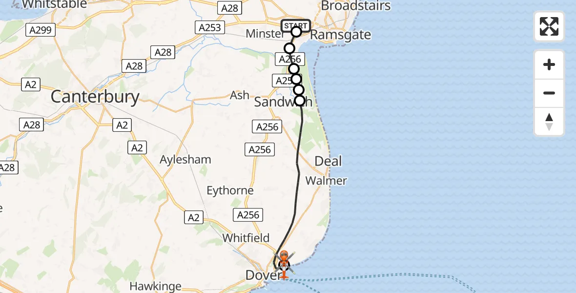 Flight path map showing Coastguard Helicopter route from Manston Airport to Langdon Battery Heliport