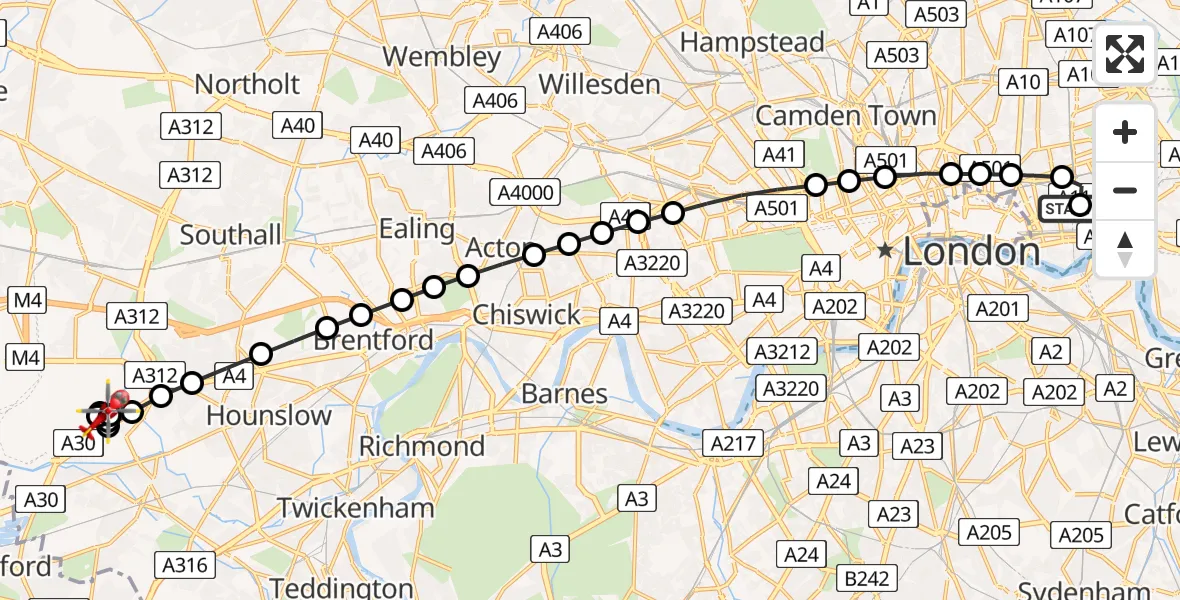 Flight path map showing Air Ambulance Helicopter route from Royal London Hospital to West Base Carpark