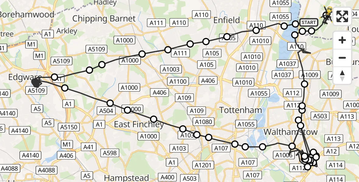 Flight path map showing Police Helicopter route from Chingford to Metropolitan Police Air Support Unit Lippitts Hill