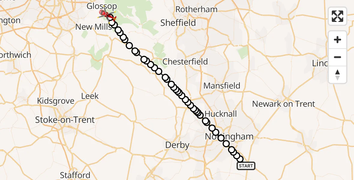 Flight path map showing Air Ambulance Helicopter route from Widmerpool to High Peak