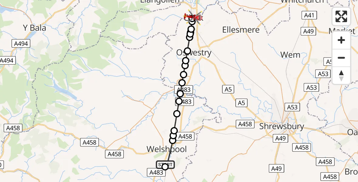 Flight path map showing Air Ambulance Helicopter route from Welshpool Airport to Chirk