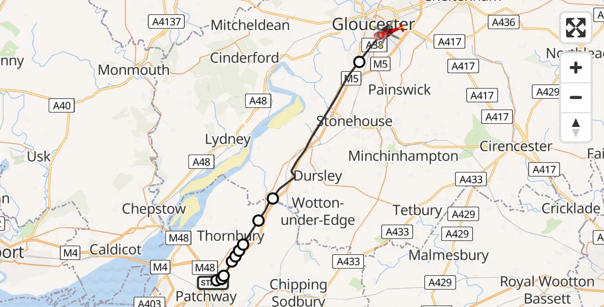 Flight path map showing Air Ambulance Helicopter route from Almondsbury Helicopter Base to Gloucester