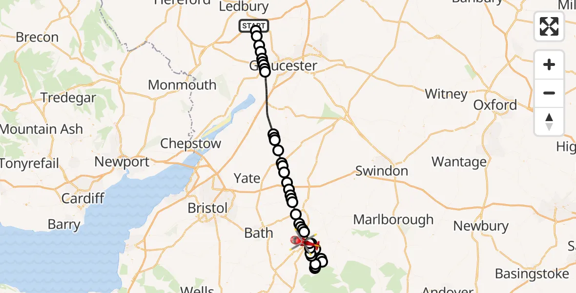 Flight path map showing Air Ambulance Helicopter route from Redmarley d'Abitot to Melksham