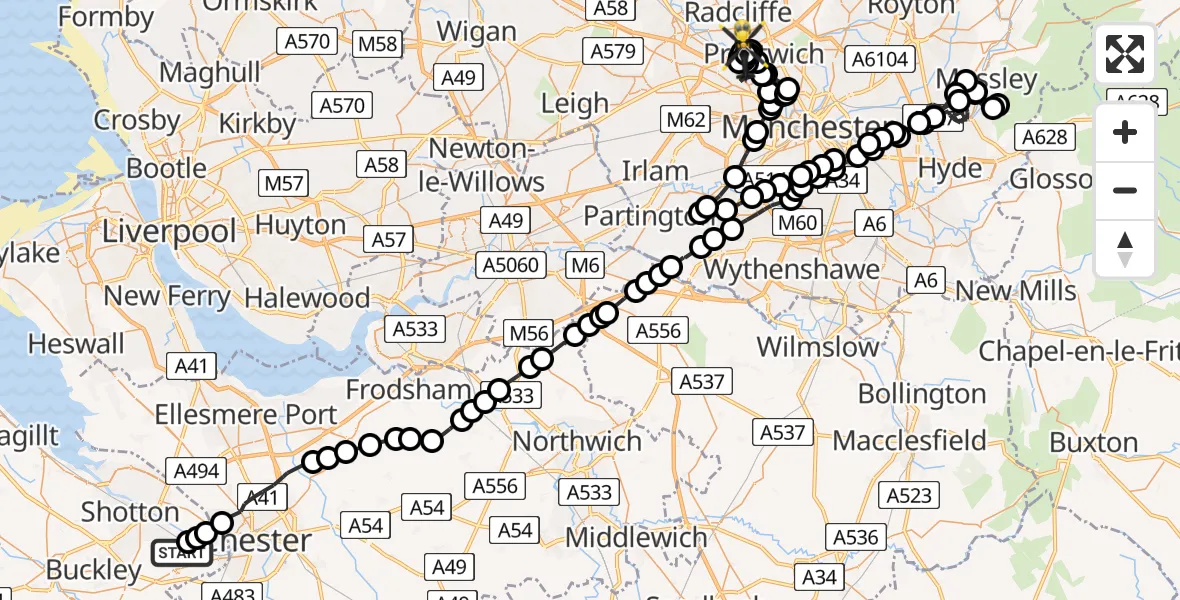 Flight path map showing Police Helicopter route from Hawarden Airport to Prestwich