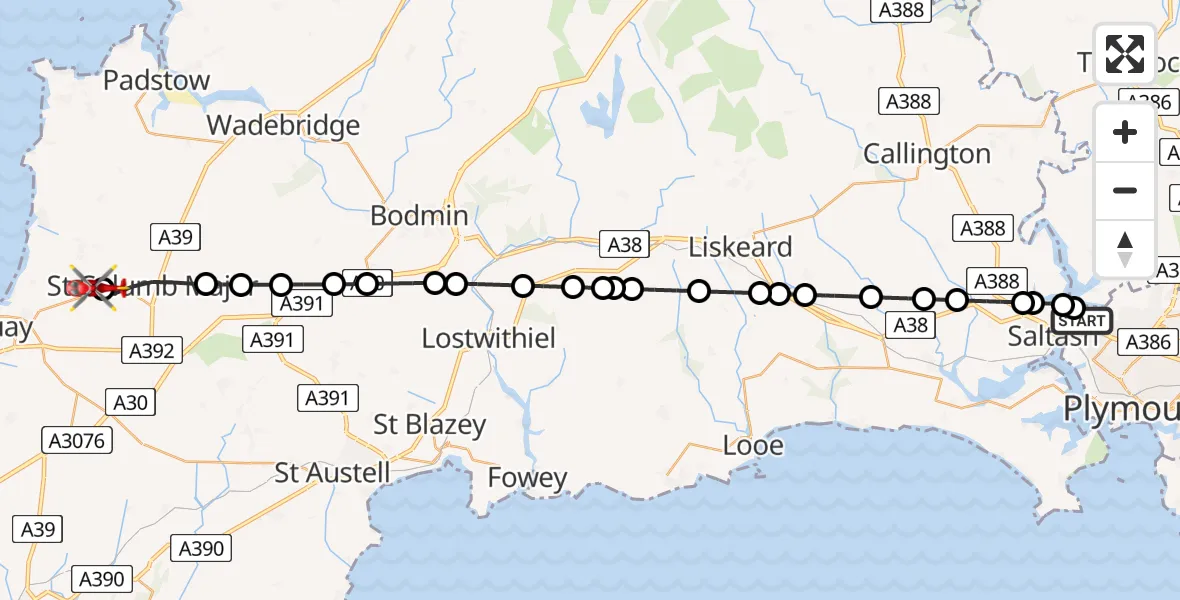 Routekaart van de vlucht: Air Ambulance Helicopter to Cornwall Airport Newquay