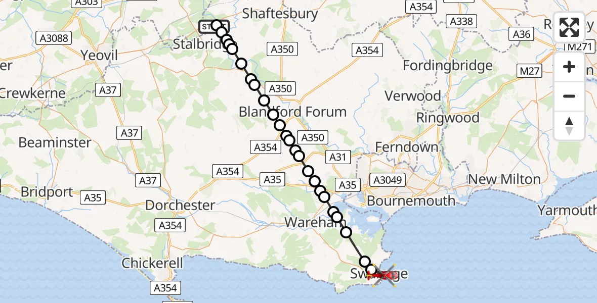 Flight path map showing Air Ambulance Helicopter route from Henstridge Airfield to Swanage