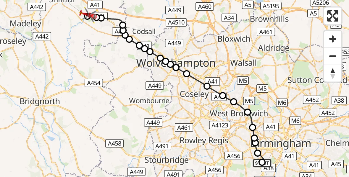 Flight path map showing Air Ambulance Helicopter route from Queen Elizabeth Hospital Helipad to Cosford