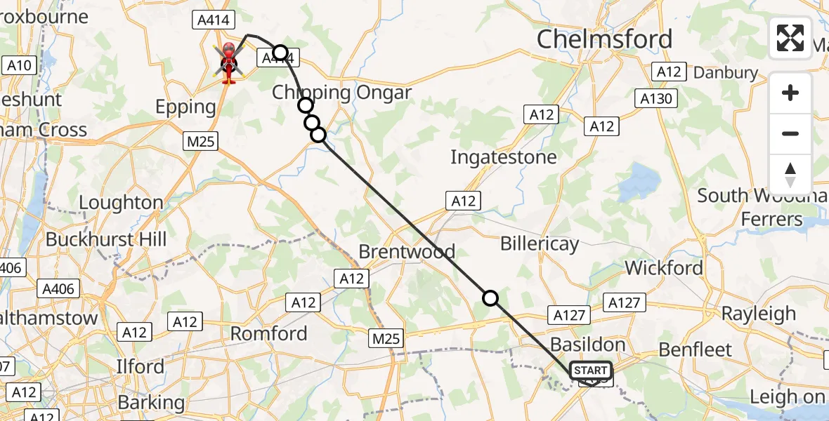 Flight path map showing Air Ambulance Helicopter route from Basildon to North Weald Airfield