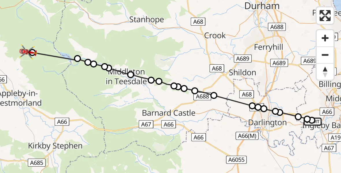 Flight path map showing Air Ambulance Helicopter route from Longnewton to Milburn