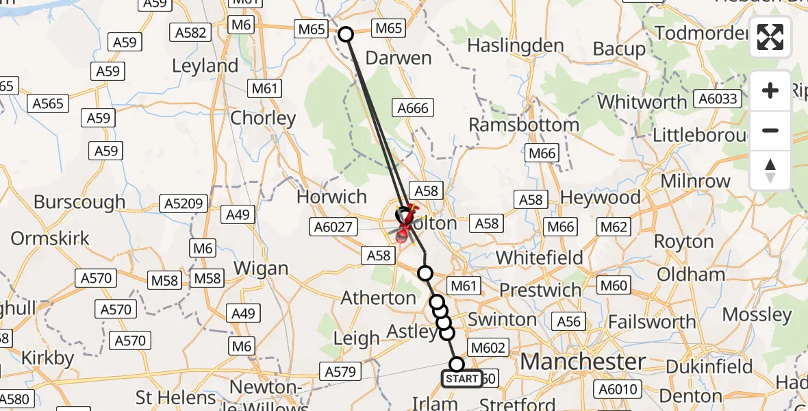 Flight path map showing Air Ambulance Helicopter route from Manchester Barton Aerodrome to Bolton