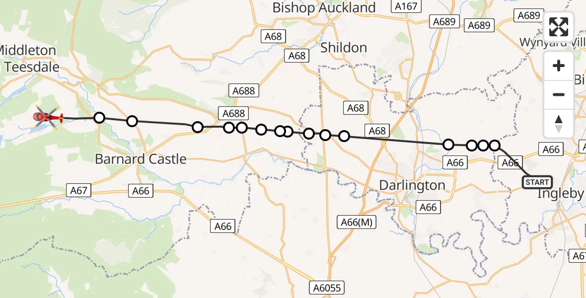 Flight path map showing Air Ambulance Helicopter route from Longnewton to Hury