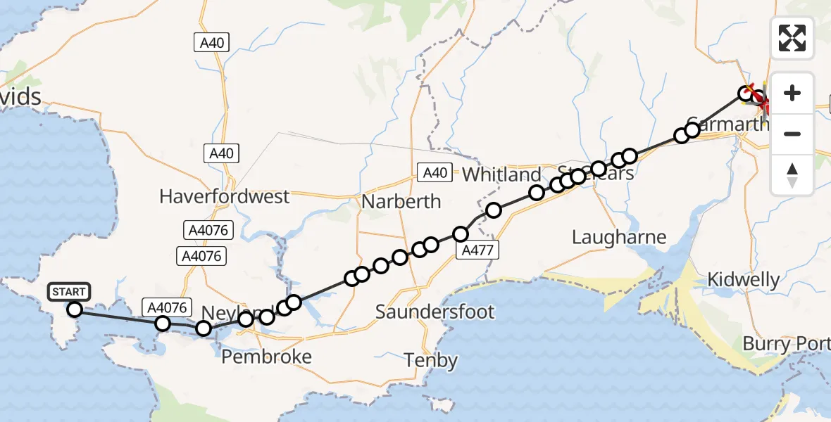 Routekaart van de vlucht: Air Ambulance Helicopter to Abergwili