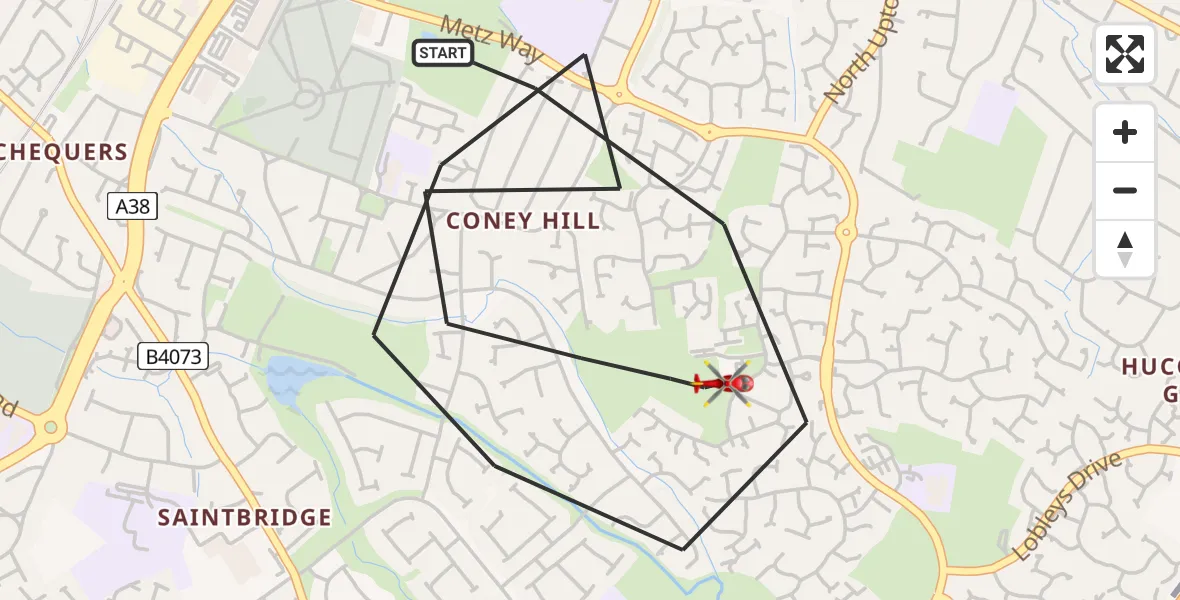 Flight path map showing Air Ambulance Helicopter route from Gloucester to Gloucester
