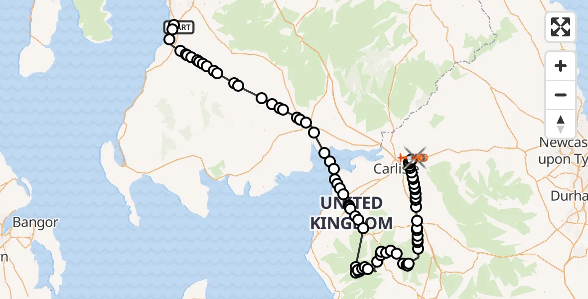 Flight path map showing Coastguard Helicopter route from Glasgow Prestwick Airport to Carlisle Lake District Airport
