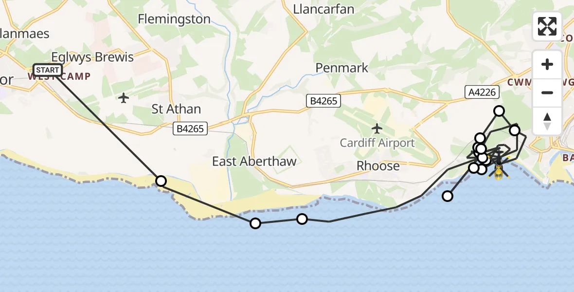 Flight path map showing Police Helicopter route from Boverton to Barry