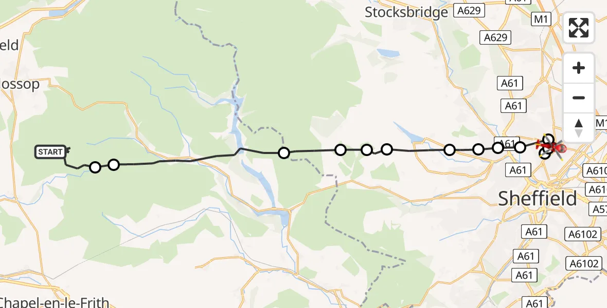 Flight path map showing Air Ambulance Helicopter route from High Peak to Sheffield Northern Hospital