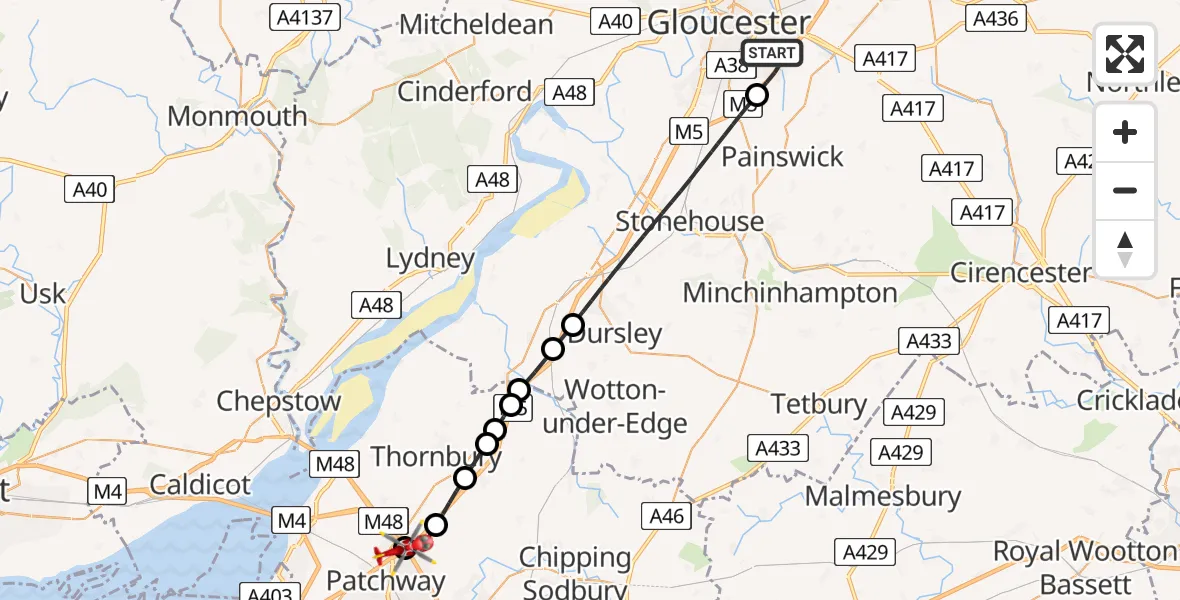 Flight path map showing Air Ambulance Helicopter route from Gloucester to Almondsbury Helicopter Base