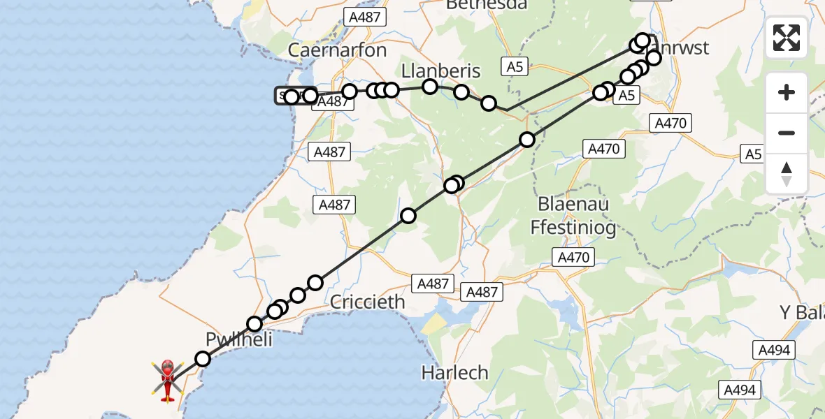 Flight path map showing Air Ambulance Helicopter route from Caernarfon Airport to Llanbedrog