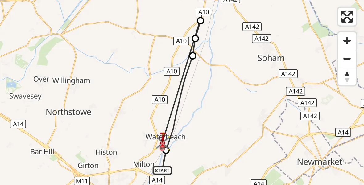 Flight path map showing Air Ambulance Helicopter route from Horningsea to Waterbeach