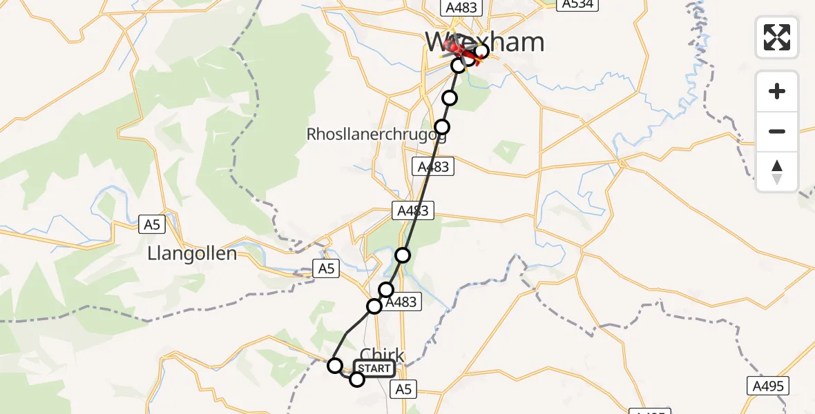 Flight path map showing Air Ambulance Helicopter route from Chirk to Felin Puleston