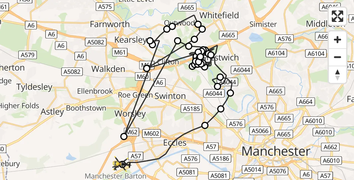 Flight path map showing Police Helicopter route from Prestwich to Manchester Barton Aerodrome